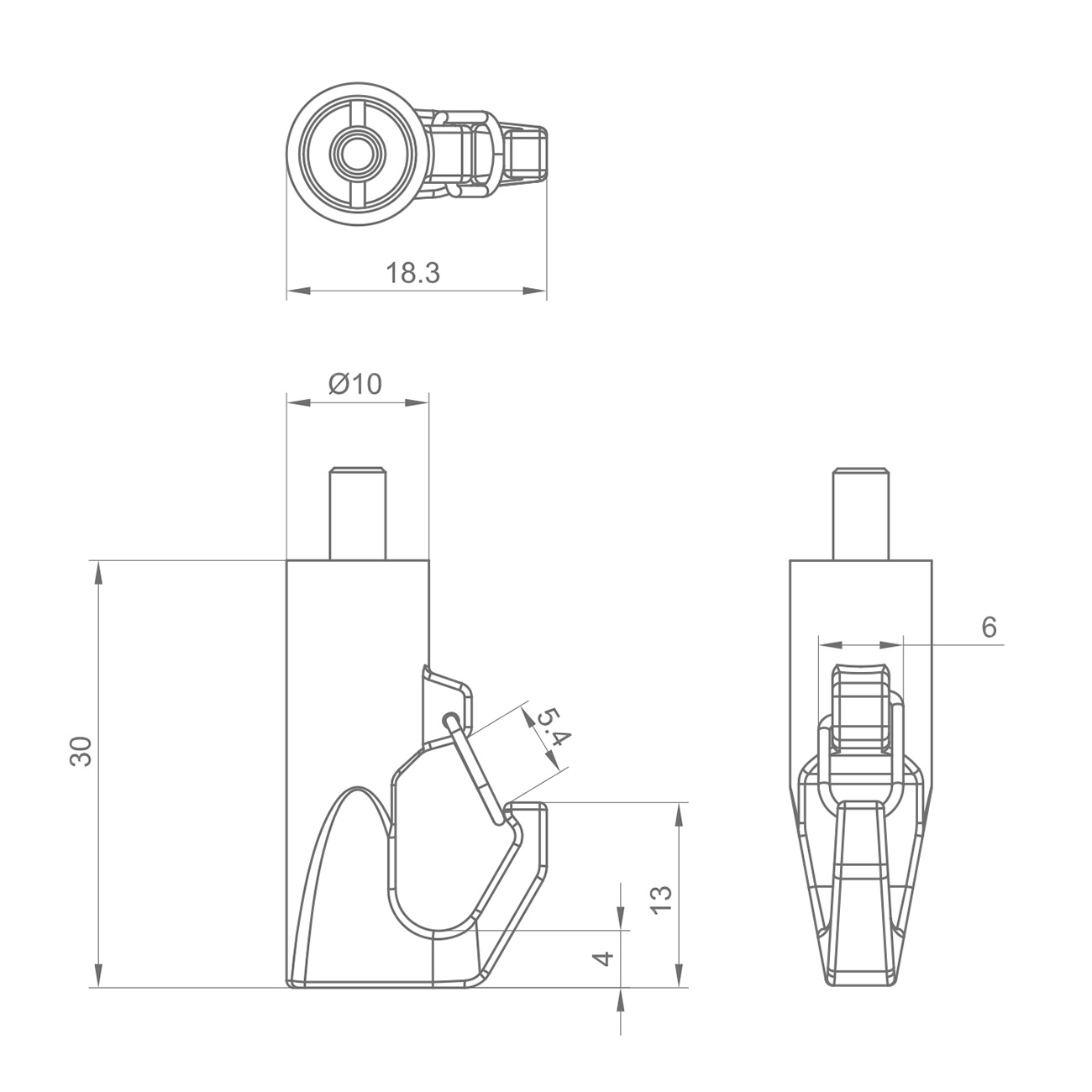 Engineering drawing of a small mechanical clamp with top and side views, showing overall length 18.3 mm and Ø10 details, with dimensions 30 mm height and 13–4 mm offsets labeled as part of a mounting clip.