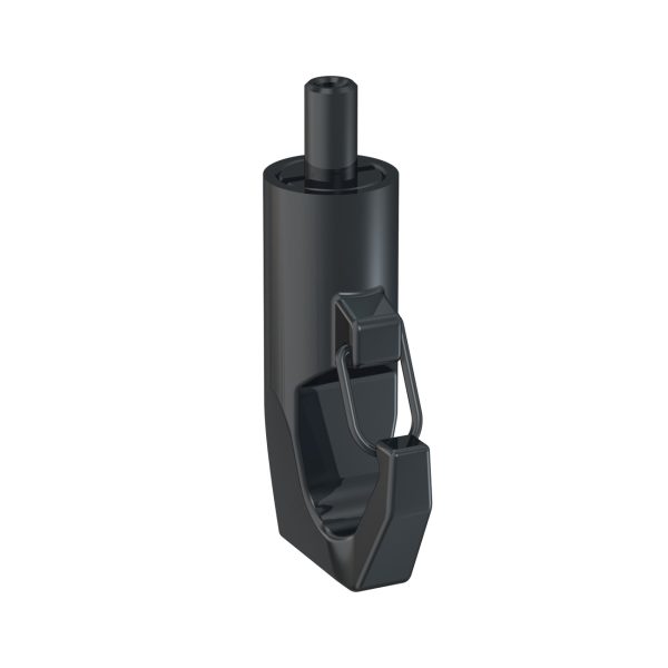Black cylindrical device with a tall central shaft and a curved metal clip attached to a rectangular base, viewed from the side (3D render).
