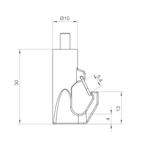 Side view of a mounting clip with a vertical post (Ø10) on top; overall height 30 mm and a curved hook profile below.