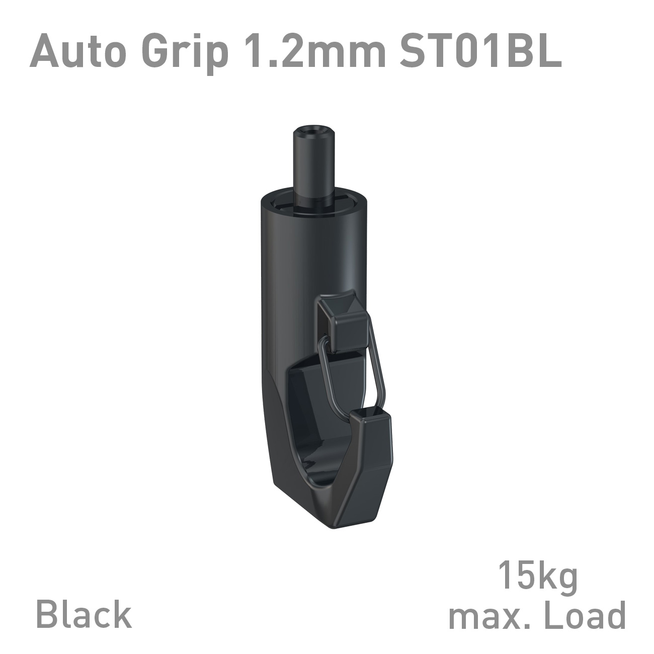 Black Auto Grip 1.2mm ST01BL clamp with handle and hook, designed for 15 kg max load