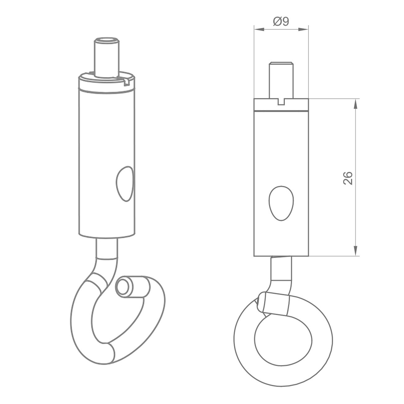 Technical drawing of a cylindrical device with a curved cord and circular bottom loop; includes height 26 and diameter Ø9 dimensions.