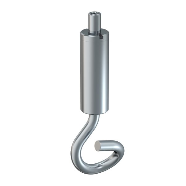Shiny metal hook with a cylindrical upper housing and curved bottom hook.