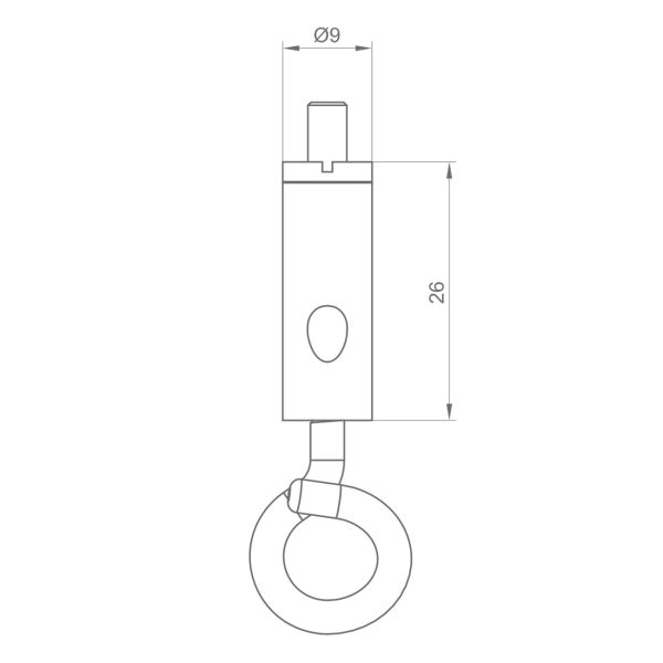 Mechanical drawing of a vertical rectangular key fob with a circular key ring attached at the bottom; overall height 26 mm and top width 9 mm (Ø9). The tag has a small internal notch and a central hole near the lower half.