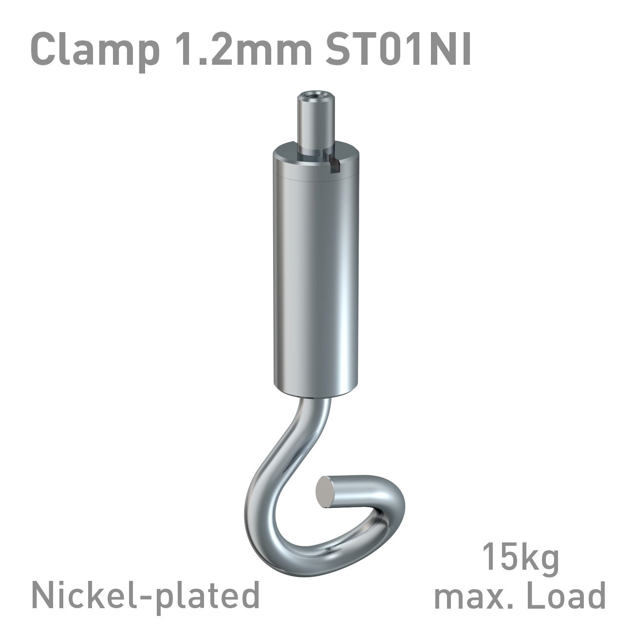 Nickel-plated clamp hook (ST01NI) with a curved J-shaped hook, rated for a 15 kg maximum load.