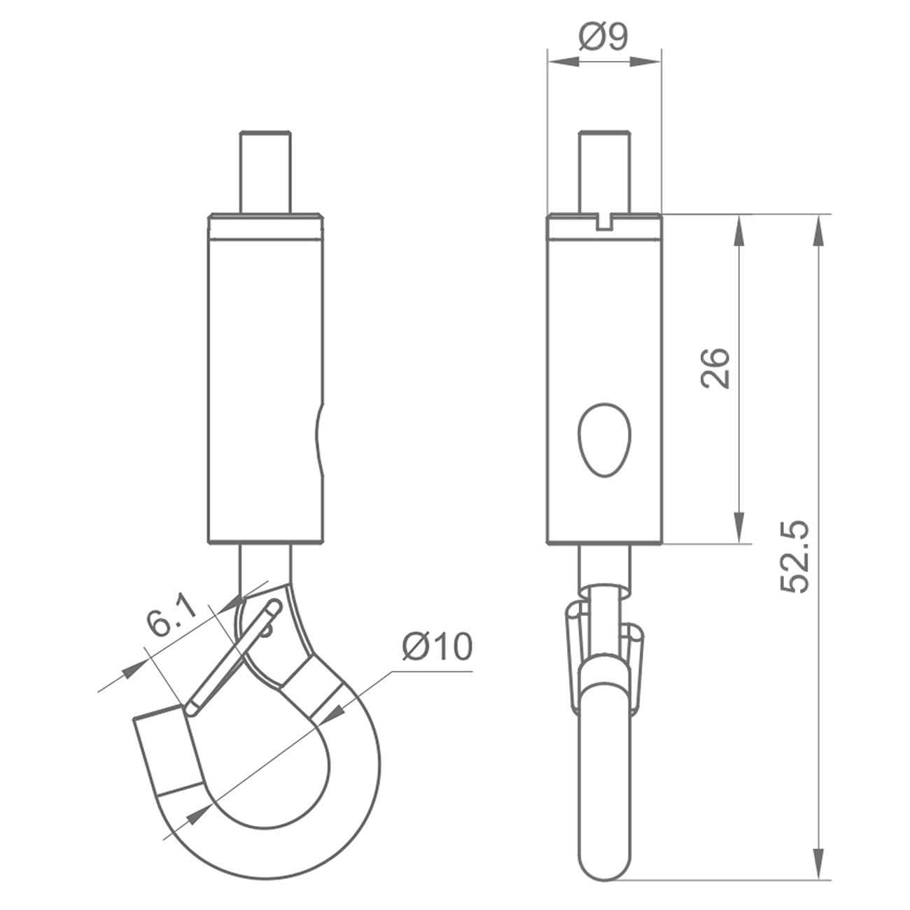 Technical drawing of a hook assembly with a curved U-shaped hook and a rectangular actuator housing; shows Ø10 hole and overall height 52.5 mm, body height 26 mm, top Ø9 feature, and 6.1 mm offset.