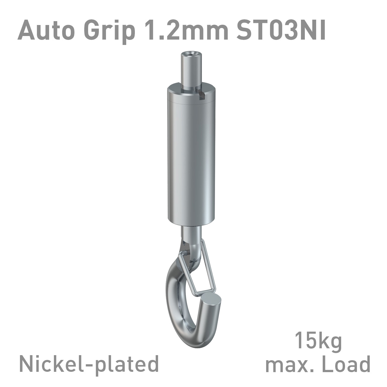 Nickel-plated Auto Grip 1.2mm ST03NI lifting hook with latch, rated for 15 kg max load.