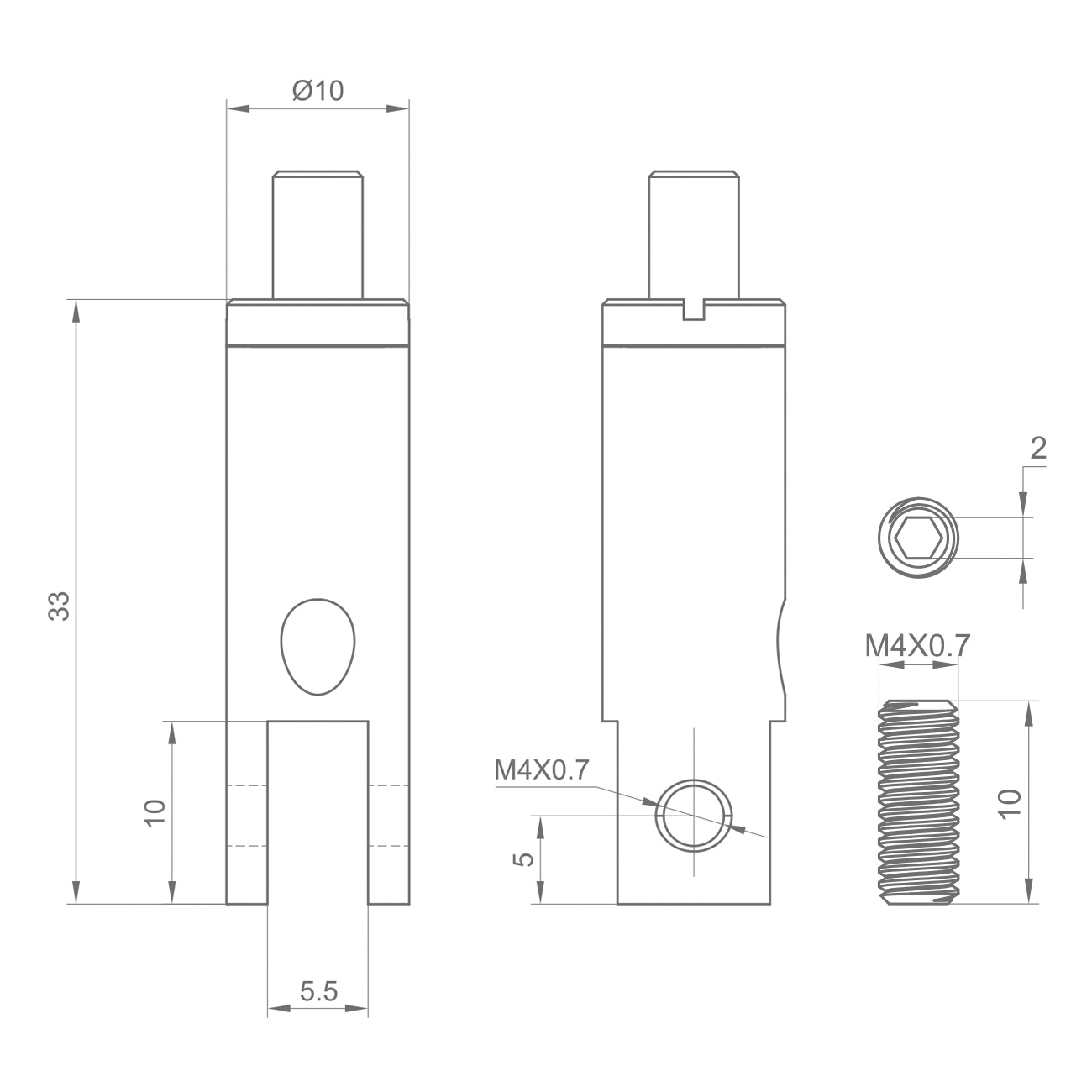 Technical drawing of a small rectangular component with a 10 mm top boss, central hole, bottom cutout, and M4×0.7 threaded feature, shown in multiple views (front/side).