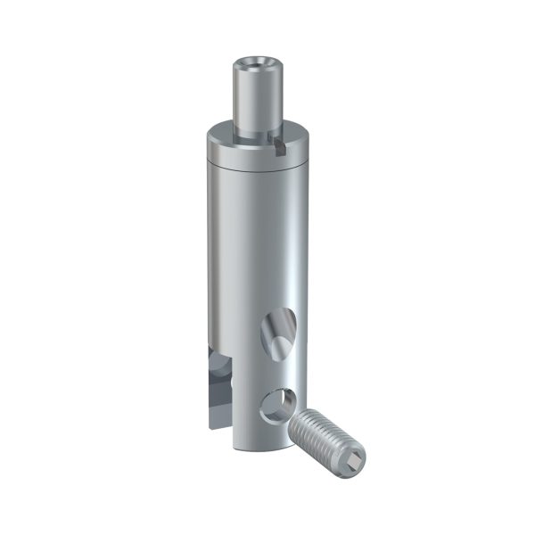 Cylindrical machined metal part with two side holes and a detached threaded screw nearby.