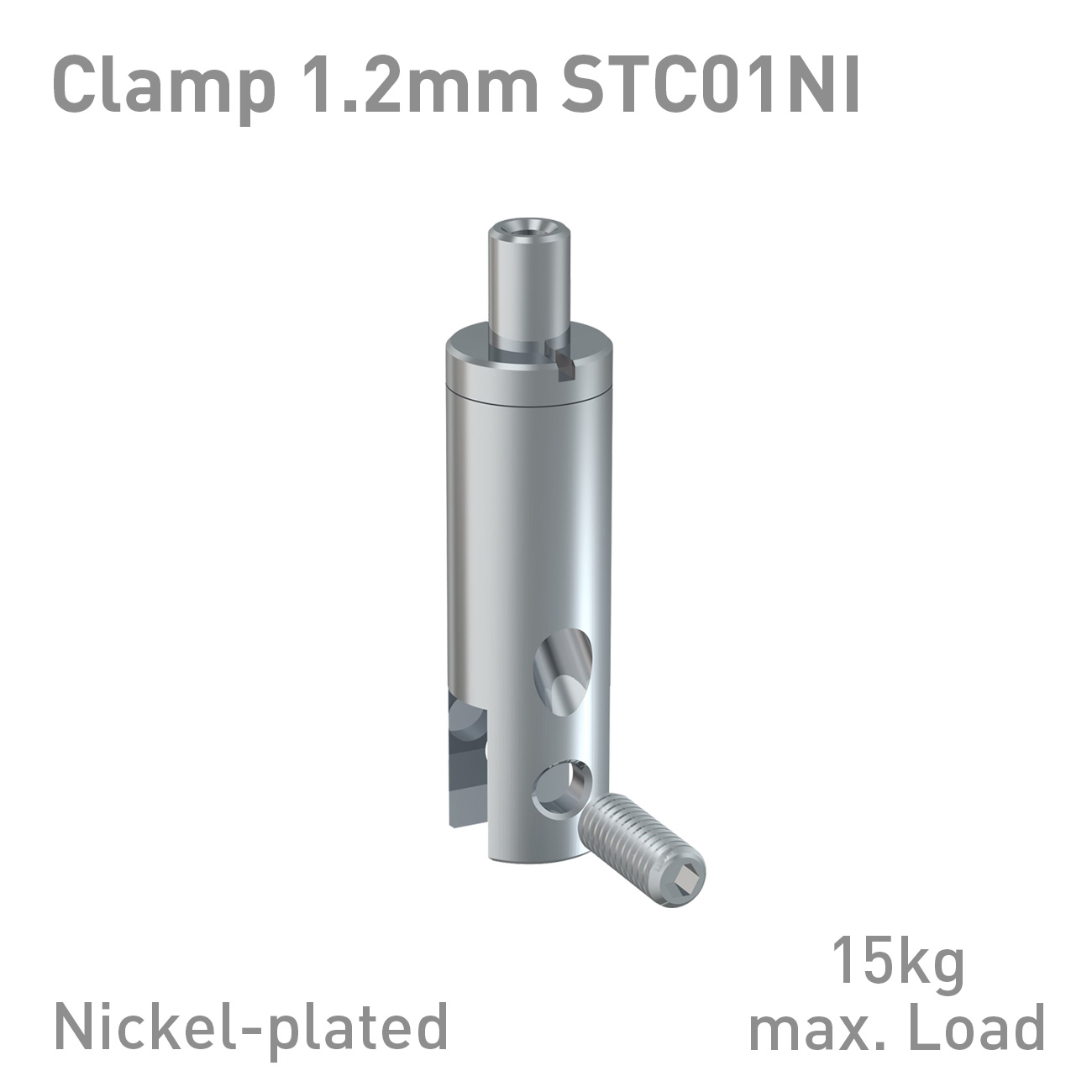 Nickel-plated clamp STC01N, 1.2 mm, with mounting holes and screw; 15 kg max load.