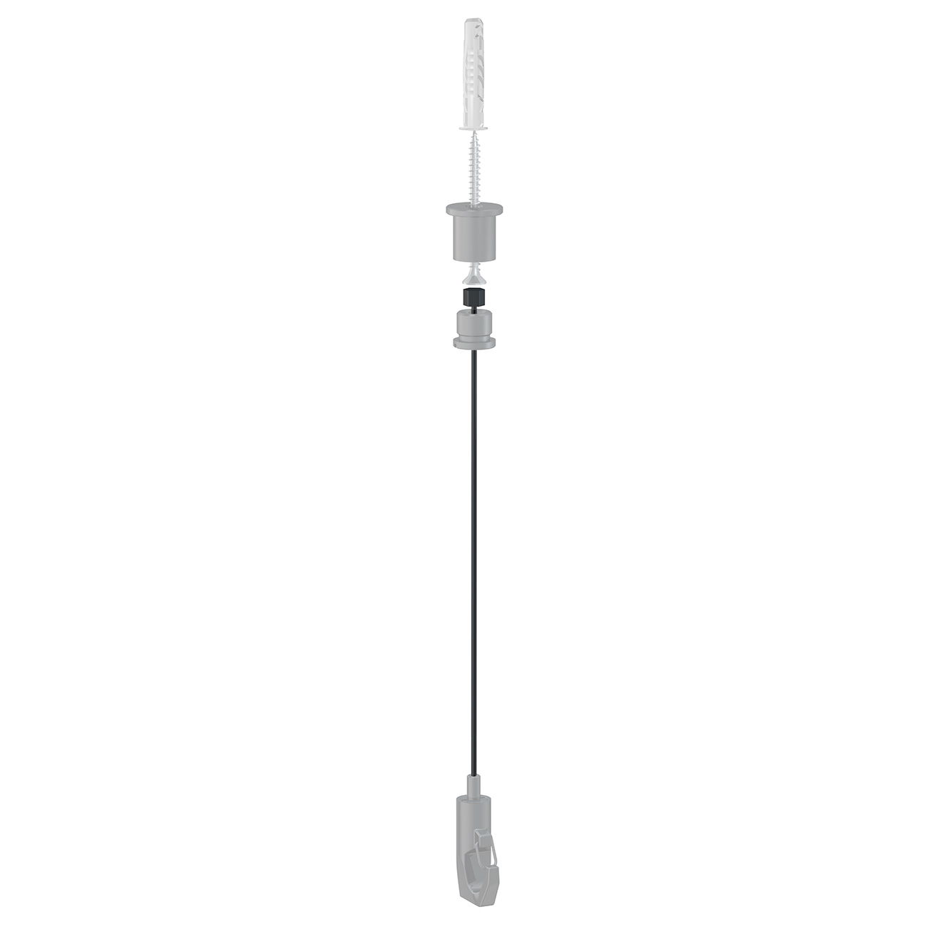 Exploded view of a vertical electronic probe with a long black cable and grey fittings, top white handle group.