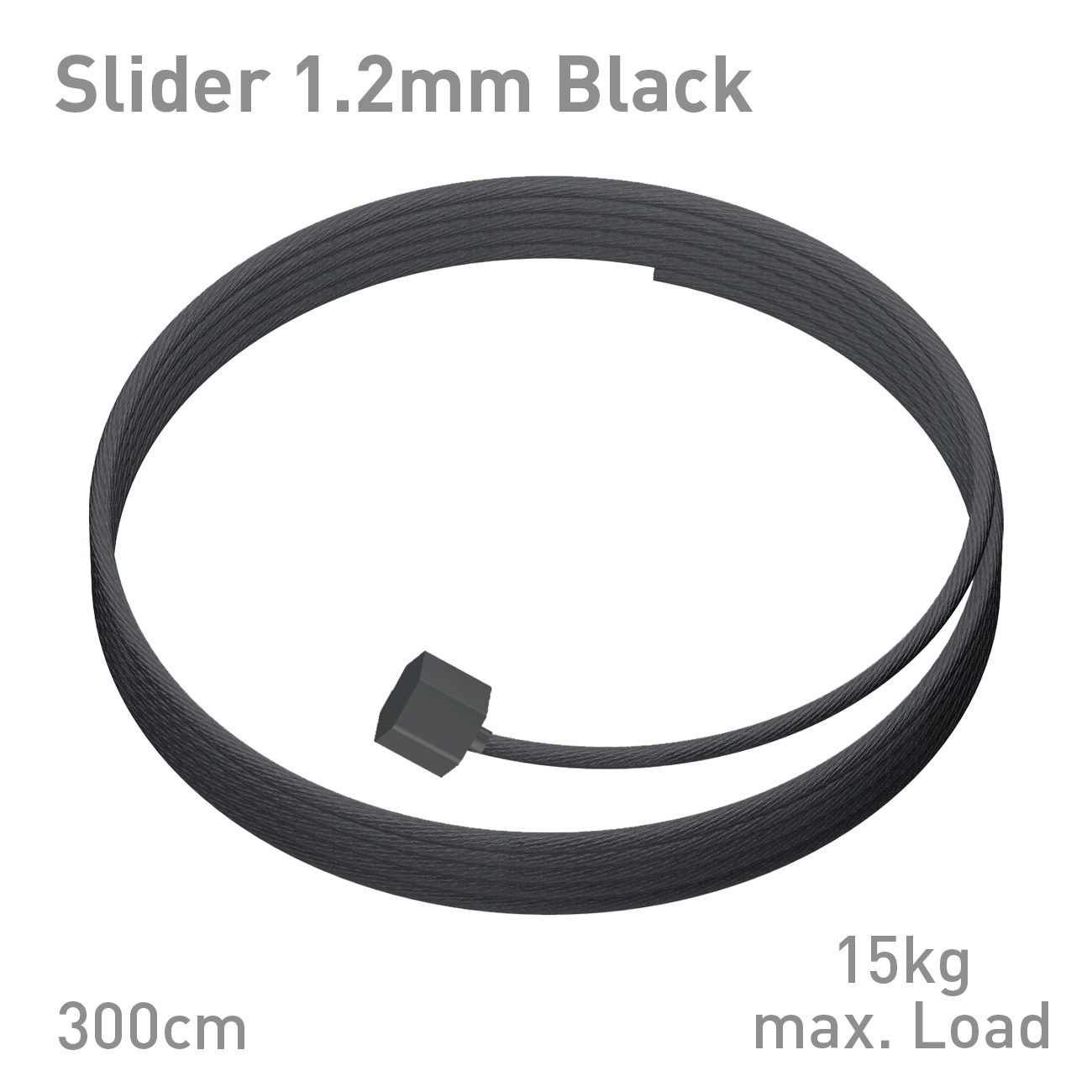 Coiled black 1.2mm cable with square end connector; labeled 'Slider 1.2mm Black' (300 cm, 15 kg max load).