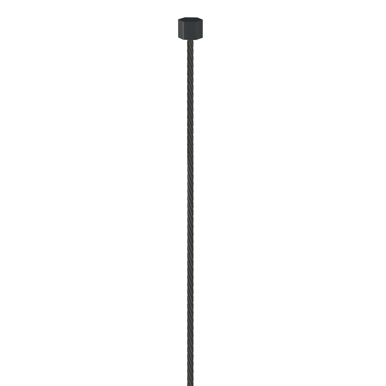 Vertical twisted steel cable with a black hexagonal end cap at the top against a white background.