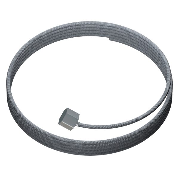 Coiled steel wire rope with a rectangular metal end fitting attached.