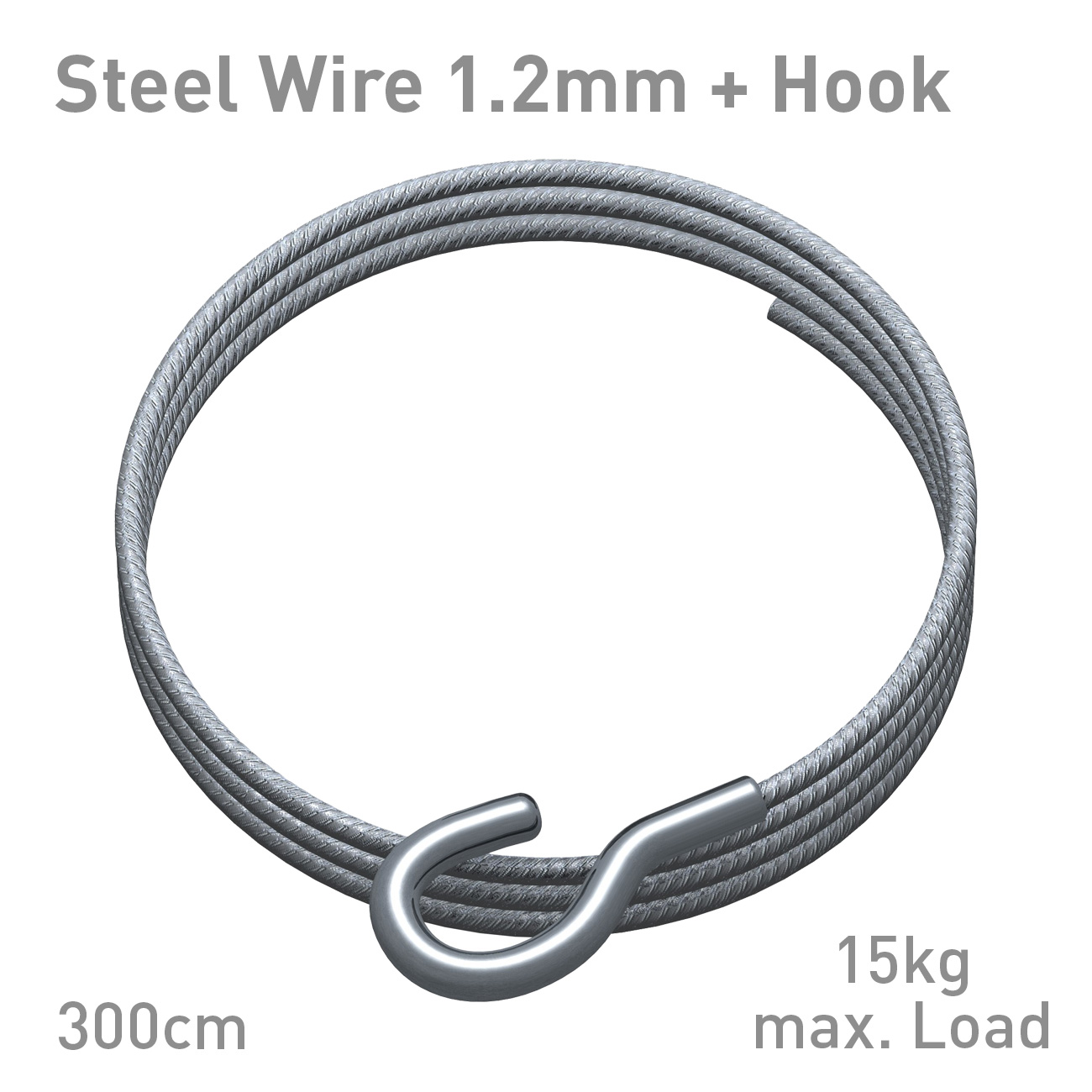 Steel wire rope with U-shaped hook, length 300 cm, 1.2mm diameter, 15 kg max load (product image)