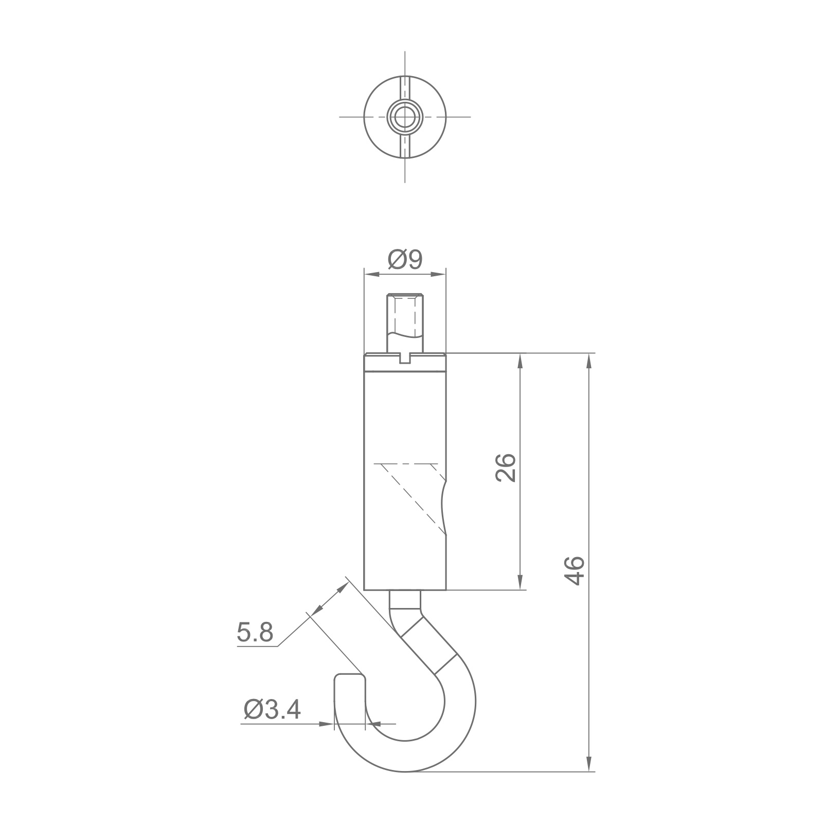 Technical drawing of a hook with a top circular mounting hole and side view showing overall length 46 mm and hook inner dimensions; Ø9 detail at top.