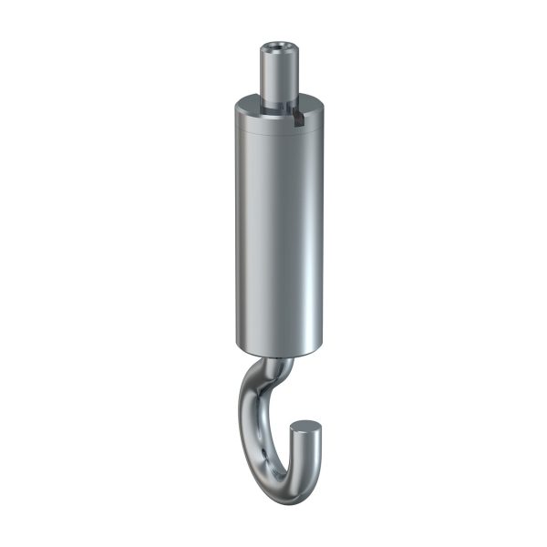 Metal cylindrical tool with a curved hanging hook at the bottom, like a heavy-duty wall hook or clamp component.