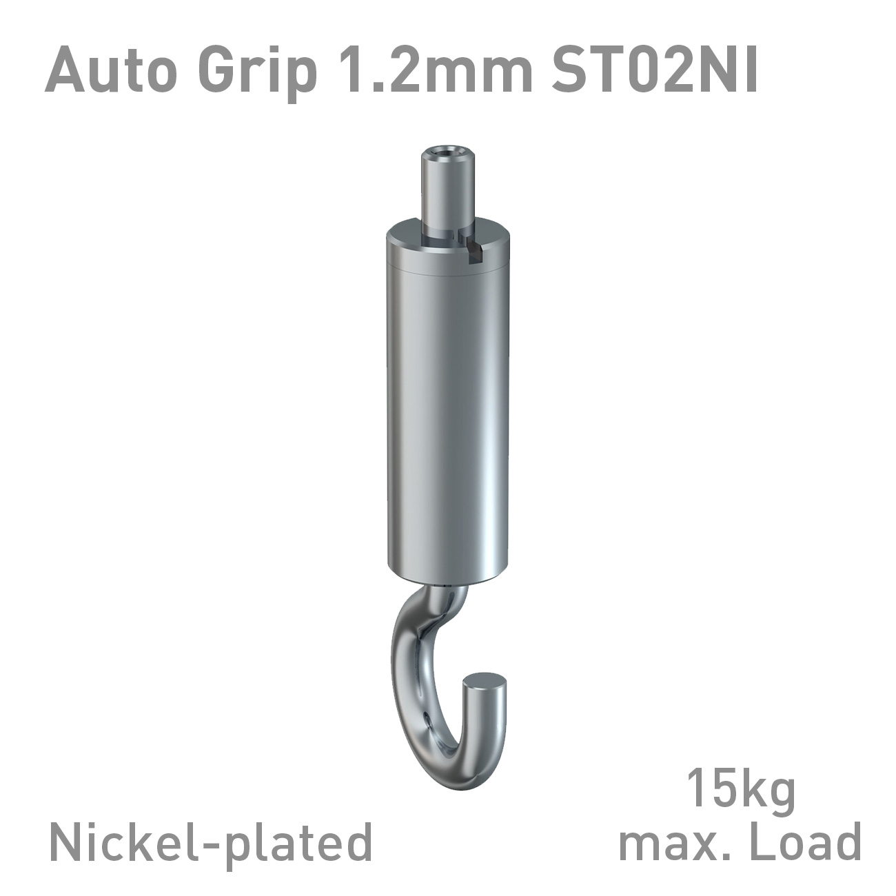 Nickel-plated Auto Grip hook with a curved bottom and a cylindrical gripping component, rated 15 kg maximum load