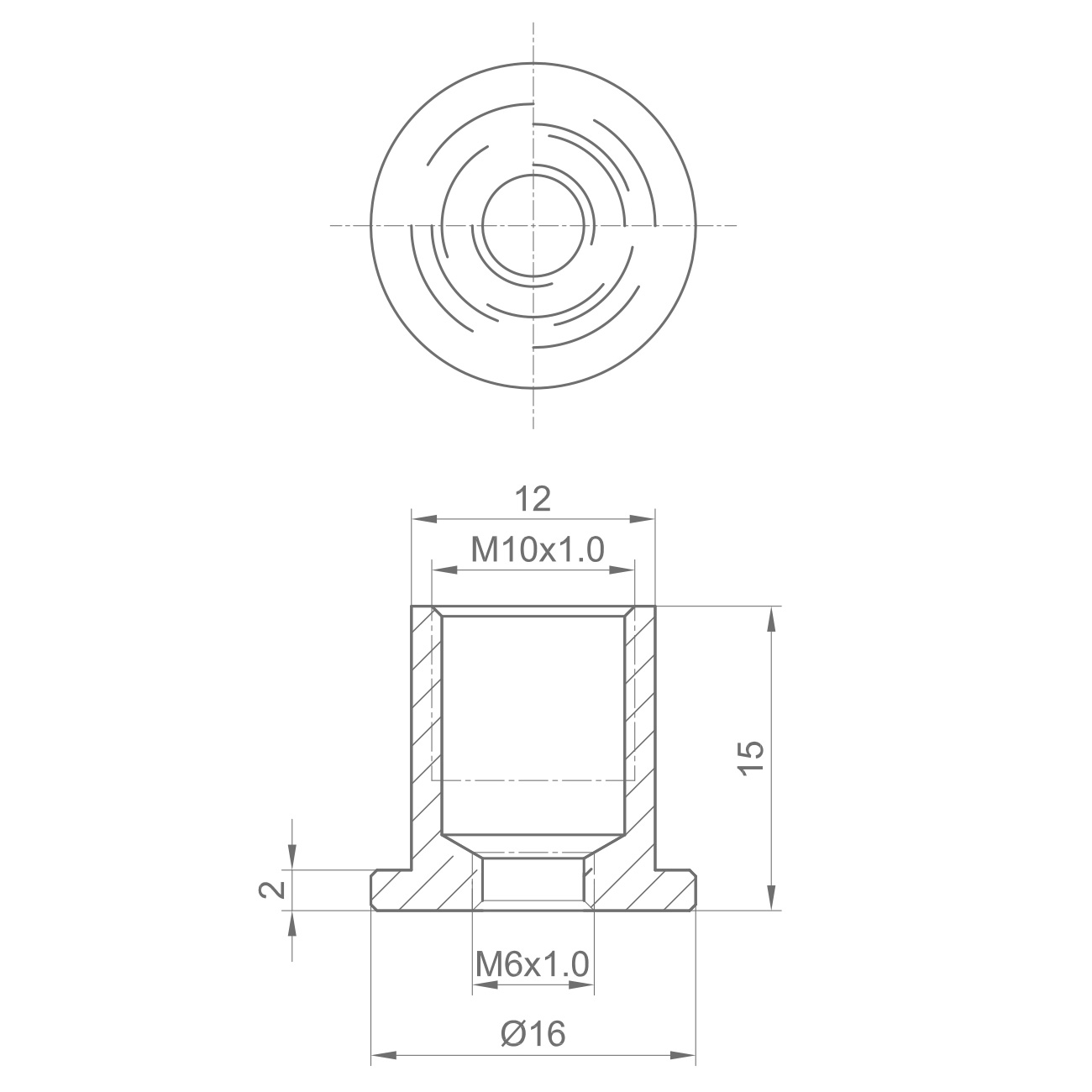 Circular knob with flange and threaded mounting: side view shows 16 mm outer diameter, 15 mm overall height, bottom flange 2 mm thick, M6x1.0 thread, and a 12 mm shoulder with an internal M10x1.0 bore. Top view shows concentric circular features.