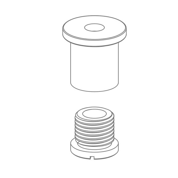 Two-part bottle cap illustration: a smooth lid with a central hole above a ribbed, threaded base ready to screw on